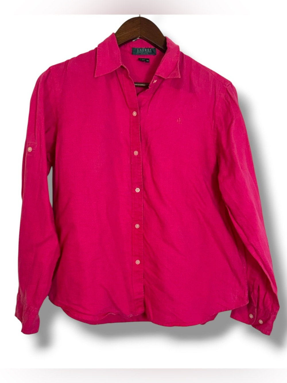 Lauren Ralph Lauren Pink Linen Button Front Shirt Long Sleeve Petite Medium